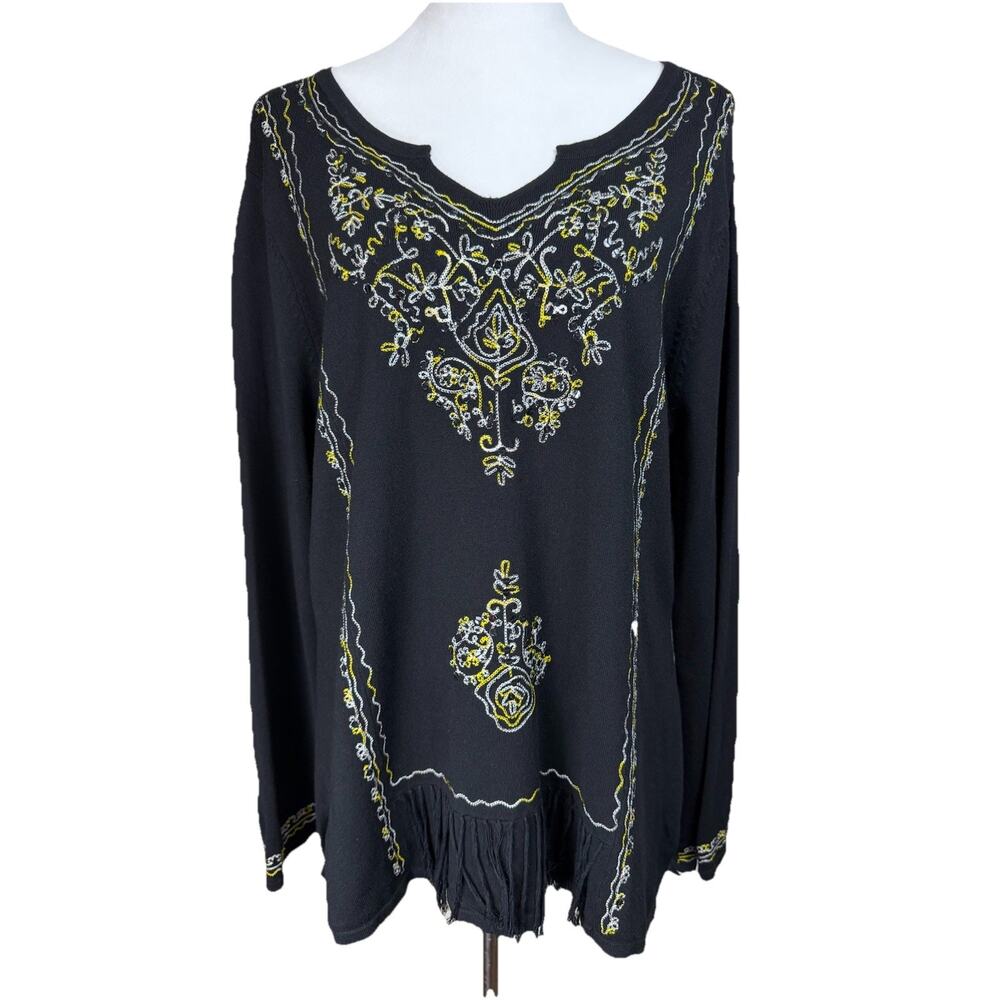 Mirasol Sz XL Sweater Long Sleeves Black Embroidered Fringe V-Neck Top Tunic‎